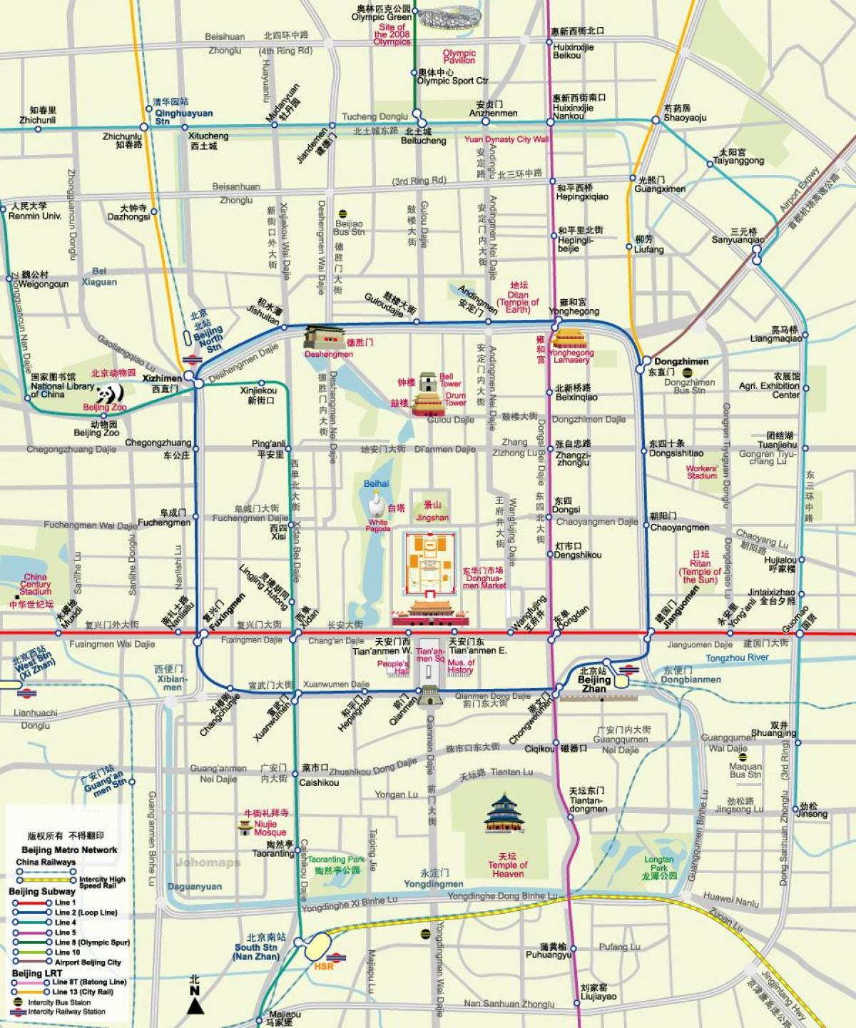 mapa metro v Pekingu mapa s turistických atrakcí